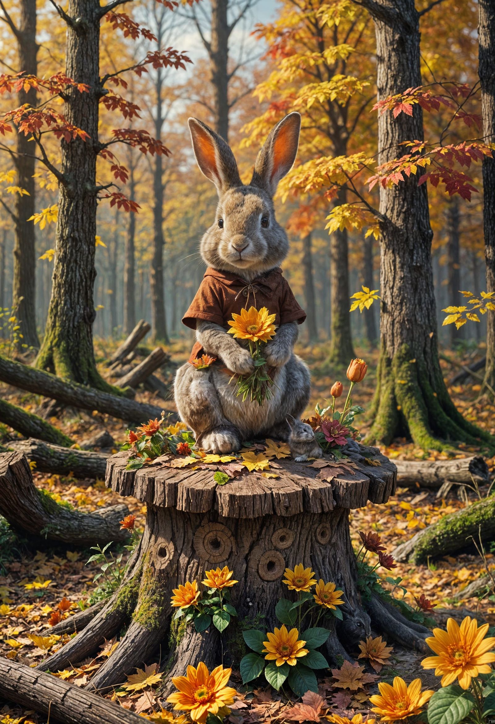 Rabbit in Autumn Forest with Flower