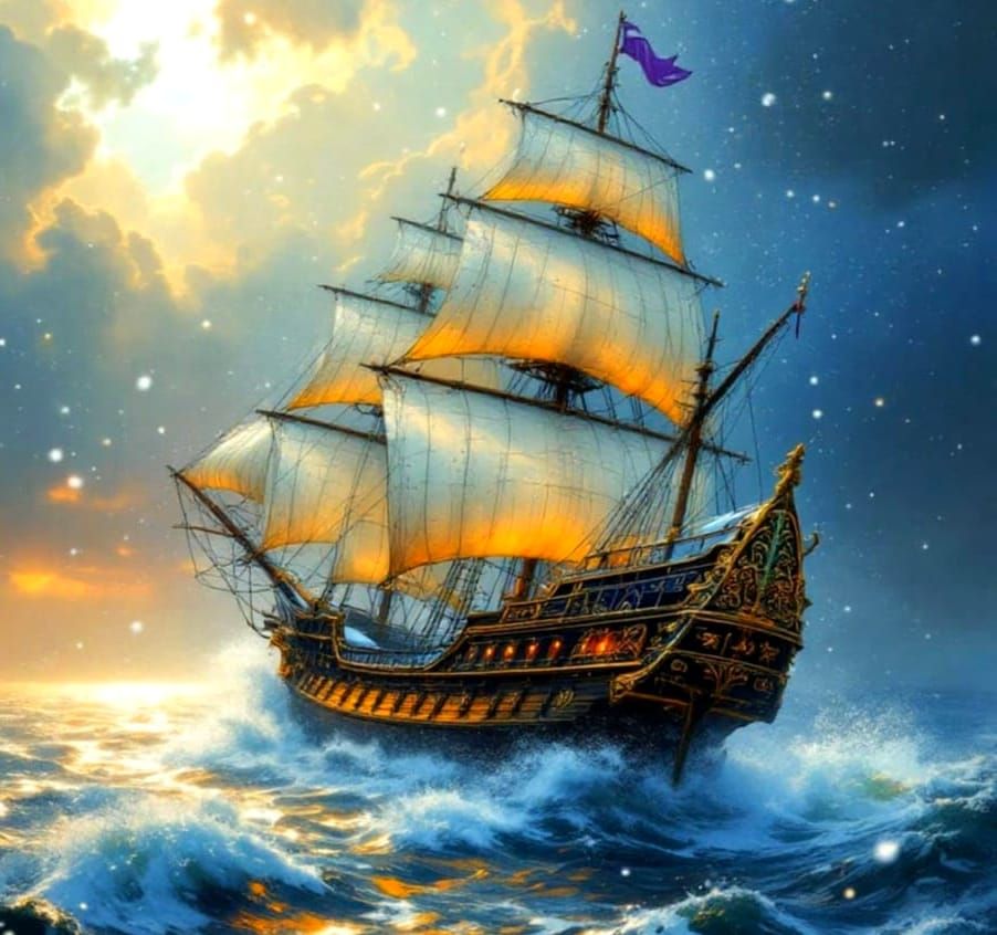 Majestic Sailing Ship Shimmers in Whimsical Sunset