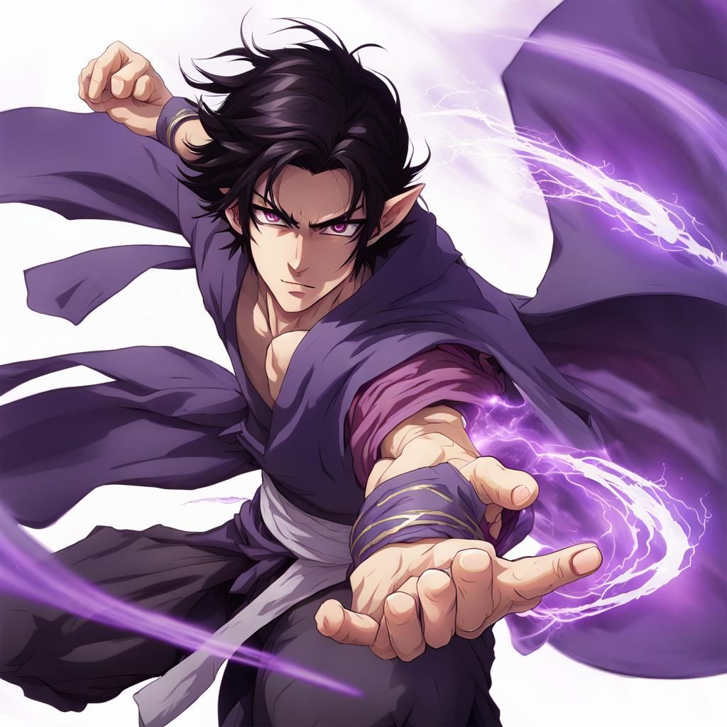 Anime Style Half-Elf Monk with Purple Energy