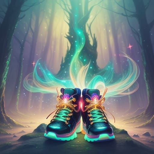Girl with Magic Shoes in Mystical Forest