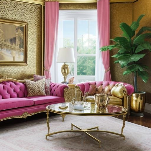 Champagne Glass on Pink Leopard Couch with Gold Leaf