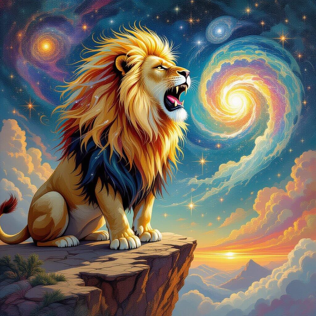 Celestial Lion Roaring at Swirling Galaxies in Cosmic Surrea...