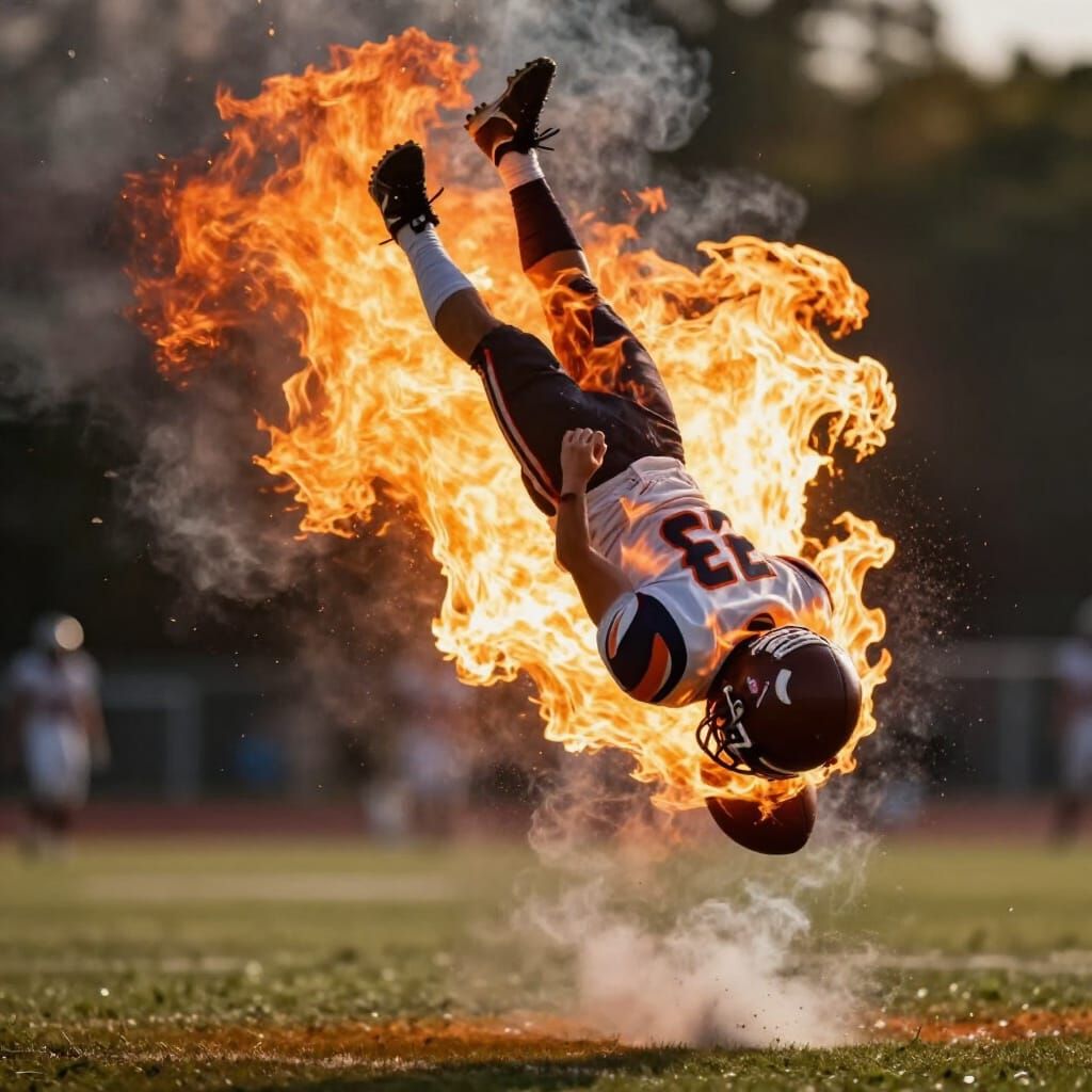 Fiery Football Flip Captured in Hyperrealistic Action Shot
