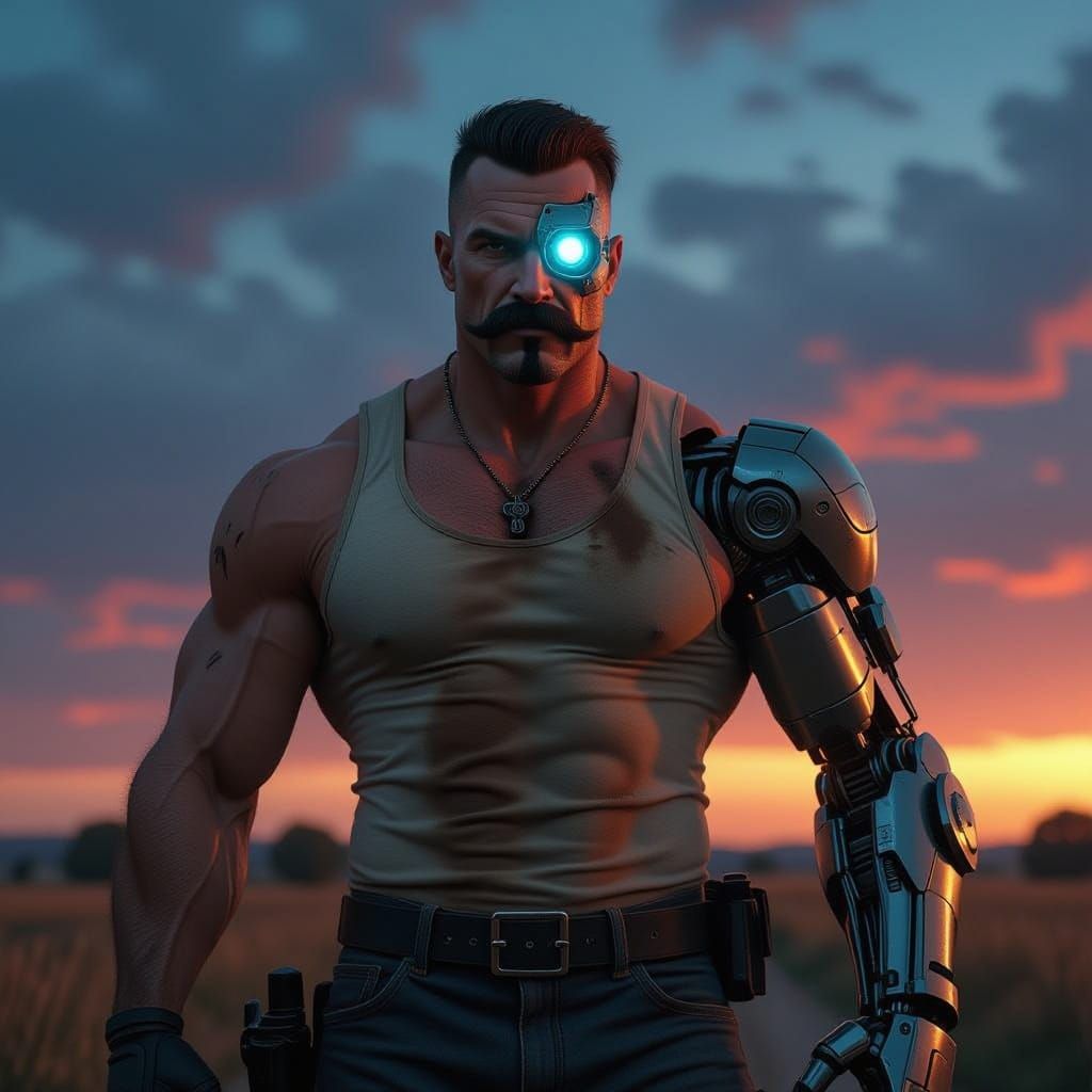 Muscular Cop with Robotic Eye in Gritty Landscape