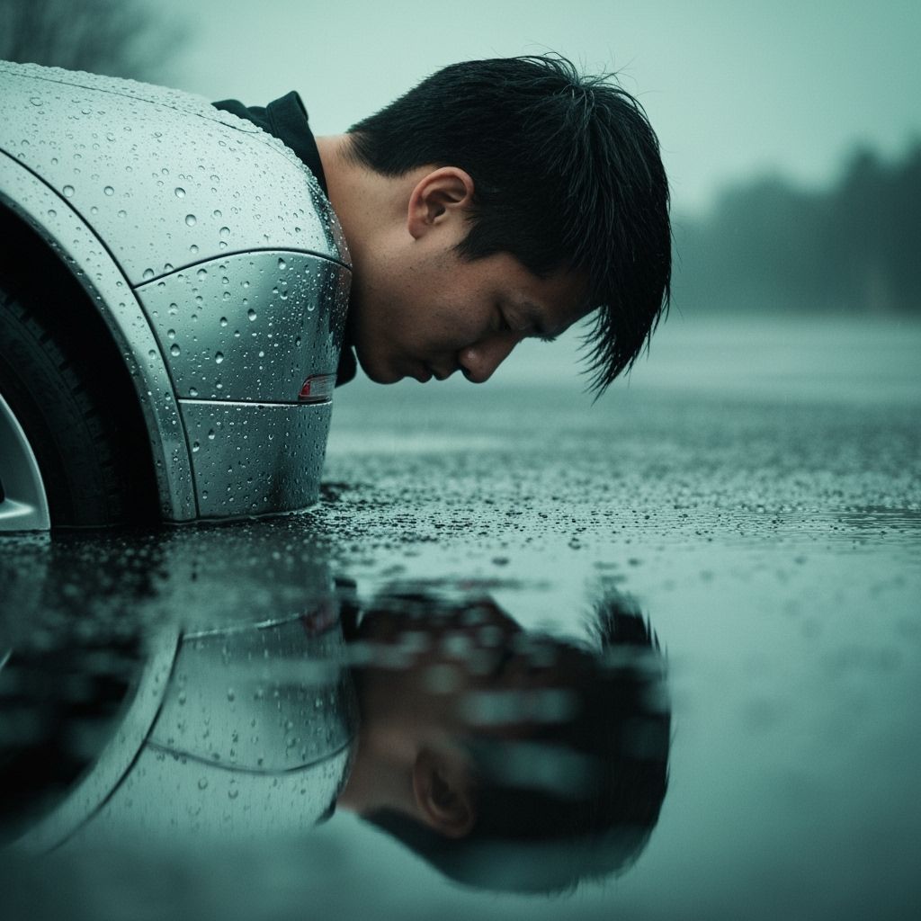 Sorrowful Cyborg in Rain on Park Bench