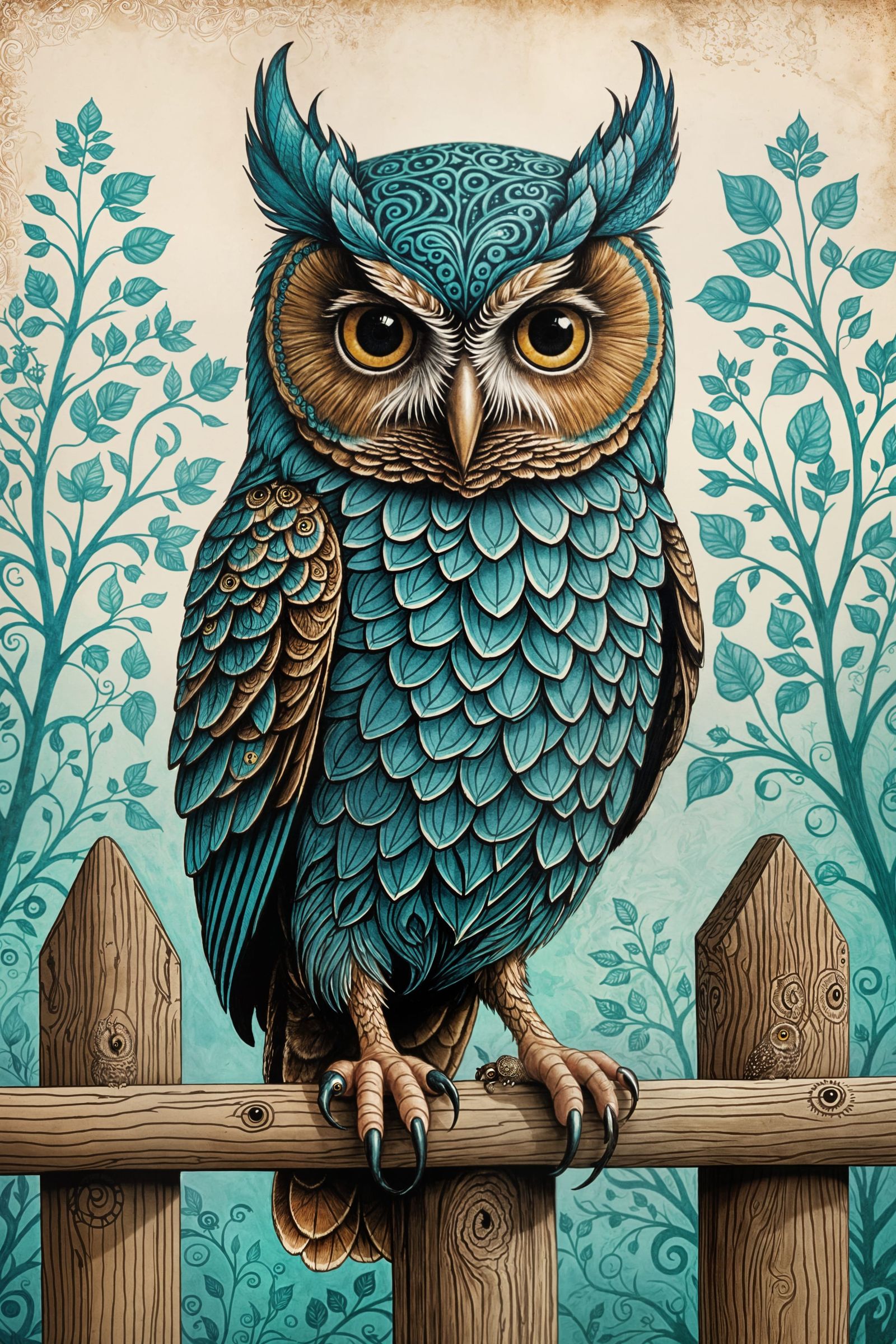 Waving Owl on Fence, Detailed Art Nouveau Drawing