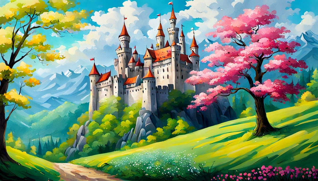 Colorful Spring Castle in Enchanted Forest Painting