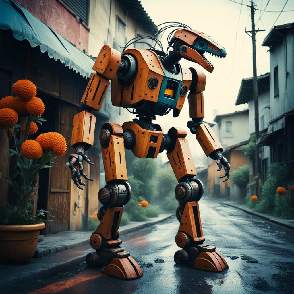 Wooden Robot with Tulle and Flowers in Rainy Scene