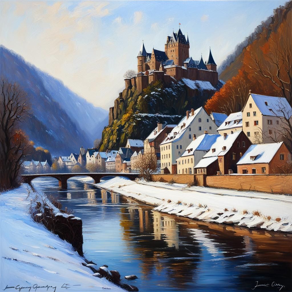 Eltz Castle on the Mosel River: Winter Oil Painting