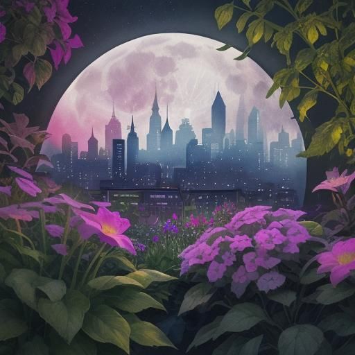 Watercolor Urban Garden with Cityscape Silhouette