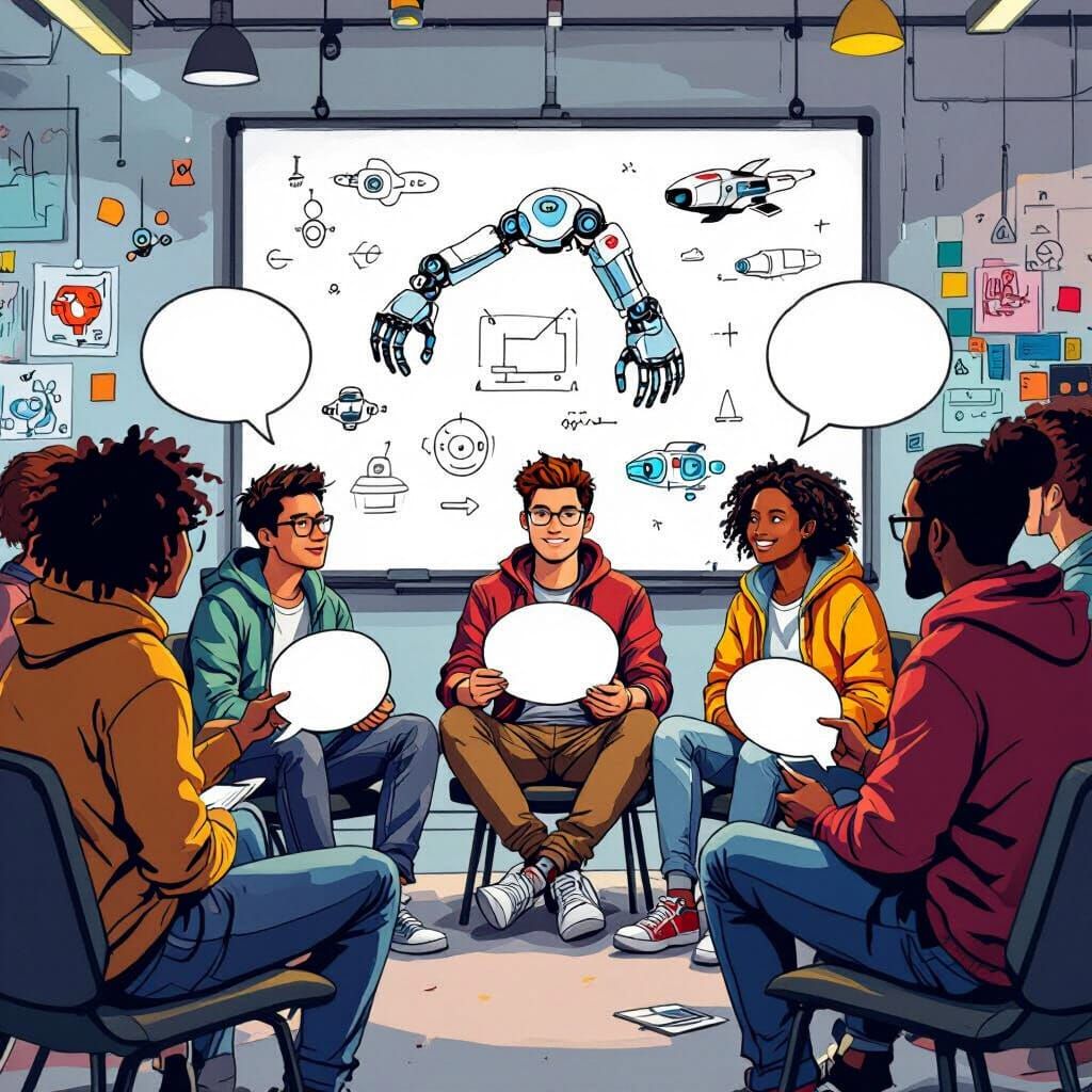 Diverse Students Brainstorming Futuristic Tech in Vibrant St...