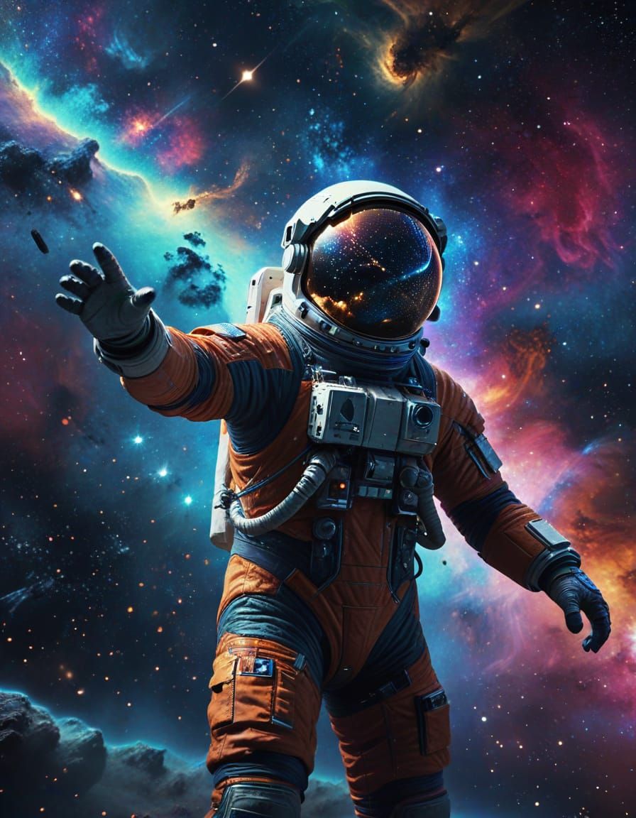 Astronaut Reaching for Galaxy in Vibrant Nebula
