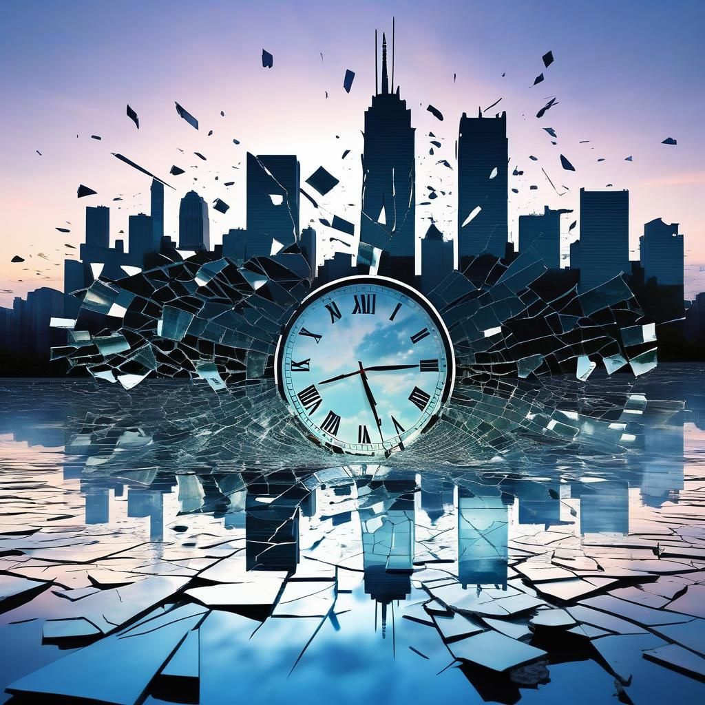 Shattered Clock Reflecting Twilight Cityscape