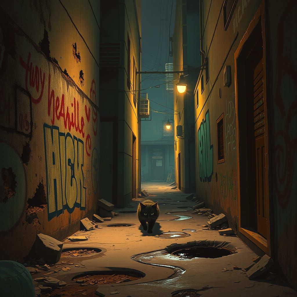 Cinematic Alleyway with Graffiti and Cat