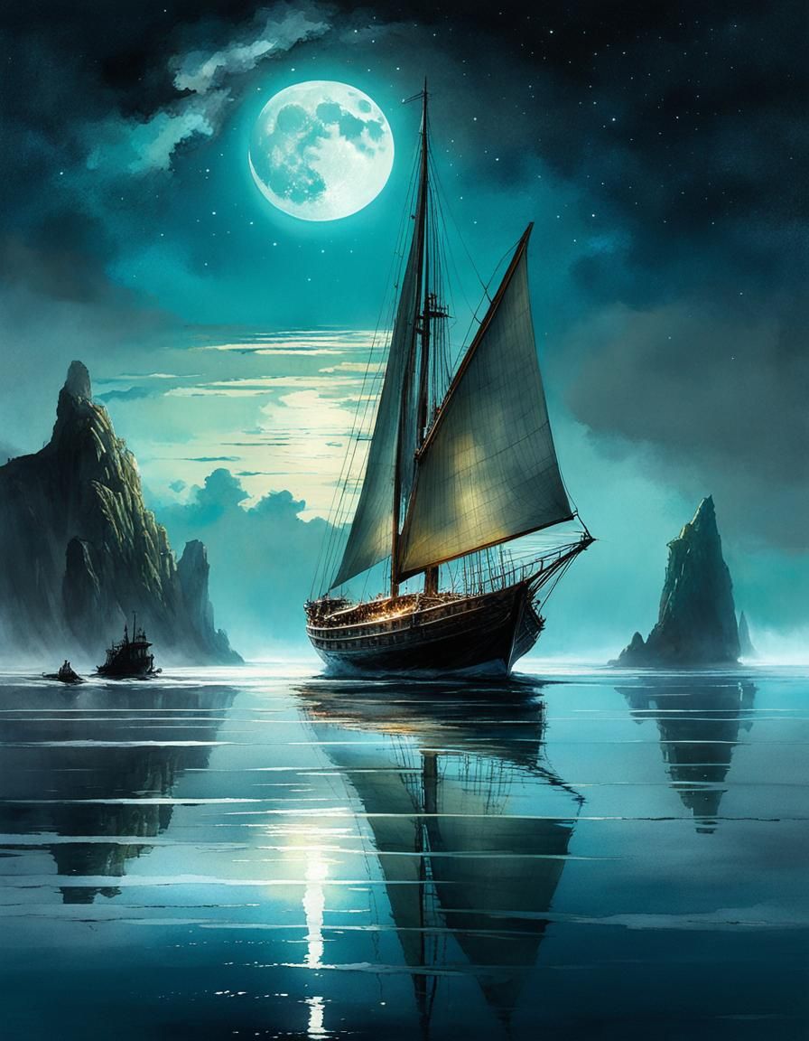 Sailing on serene waters by full moon