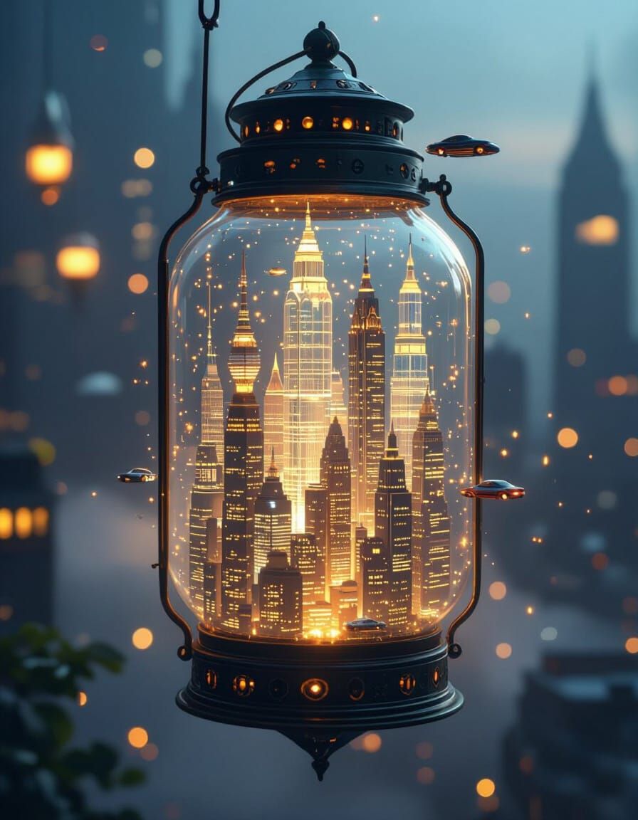 Miniature City in Lantern, Inspired by Syd Mead
