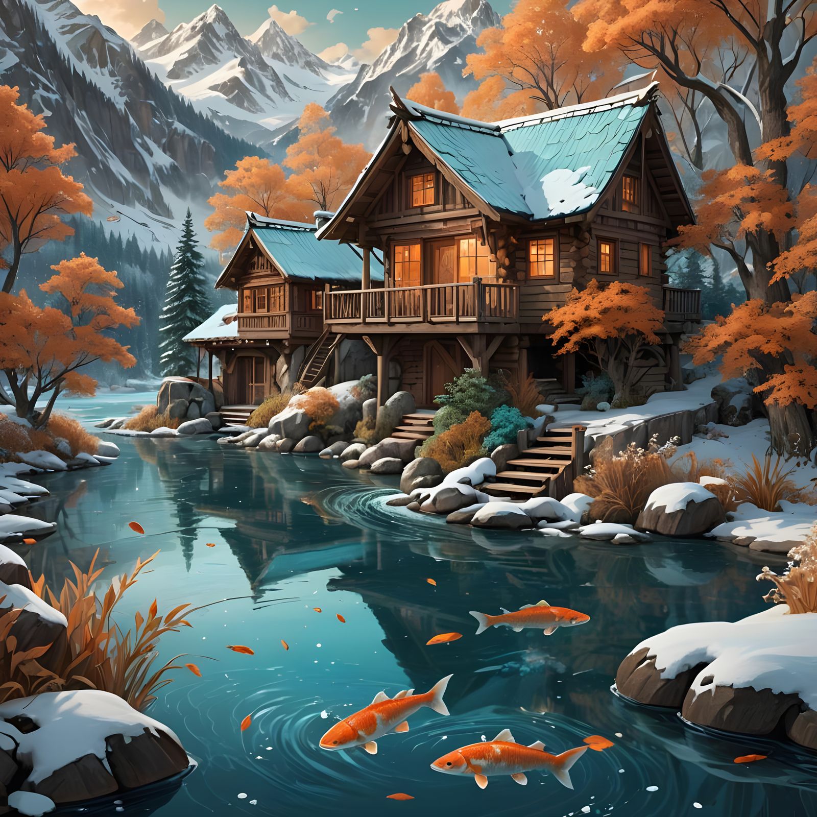 Wood Cabin by River with Leaping Koi Fish