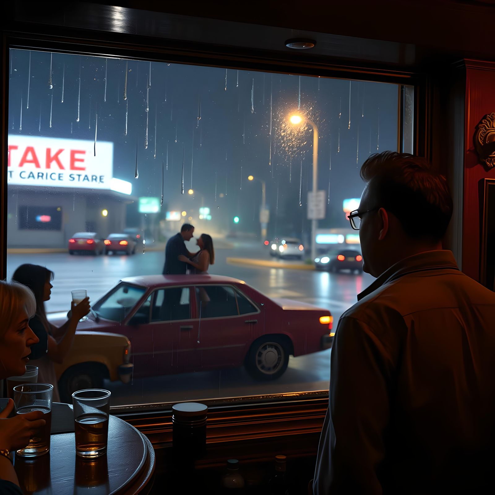 1983 Dive Bar Kiss Silhouette in Rain