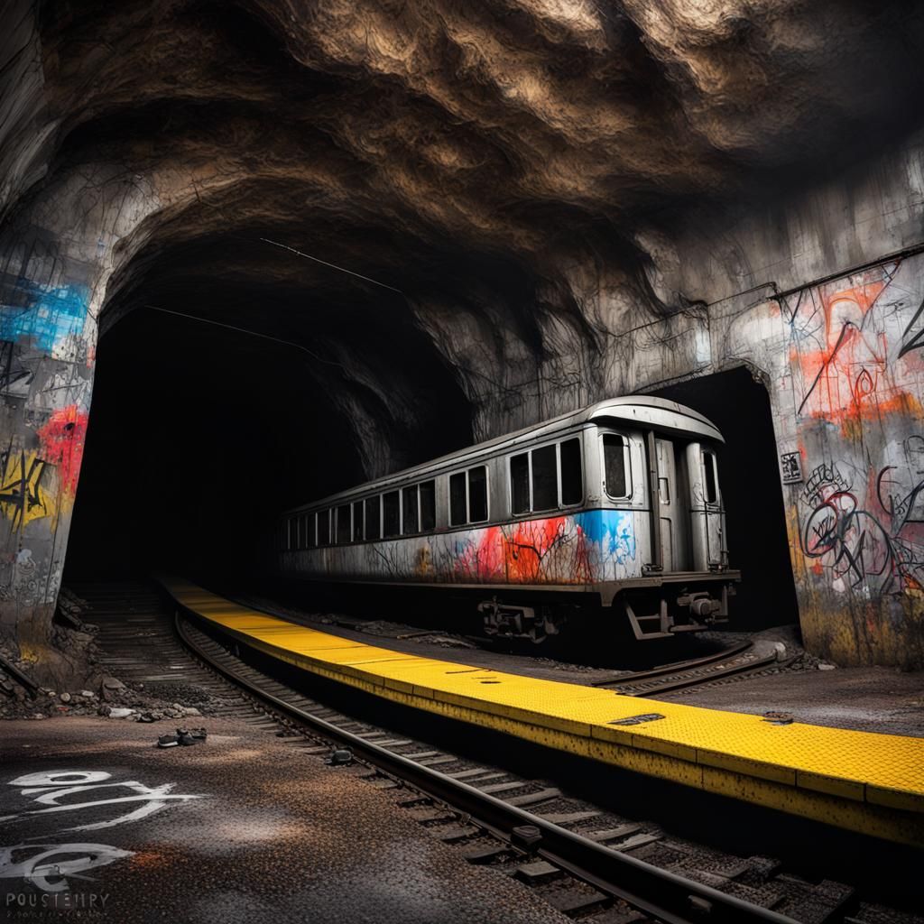 Abandoned Subway in Cave with Graffiti, Urban Decay