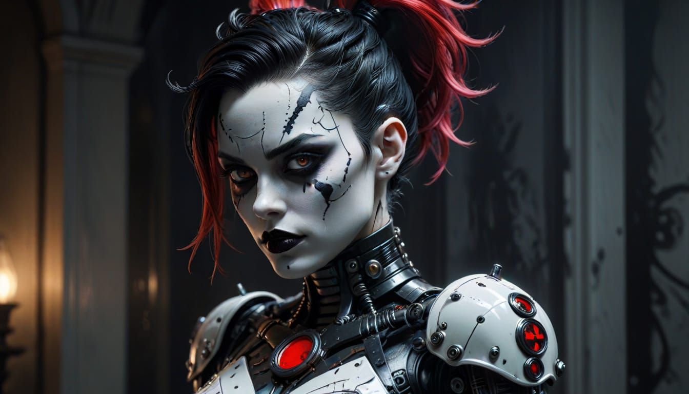 Gothic Gynoid Robot with Cyberpunk Background