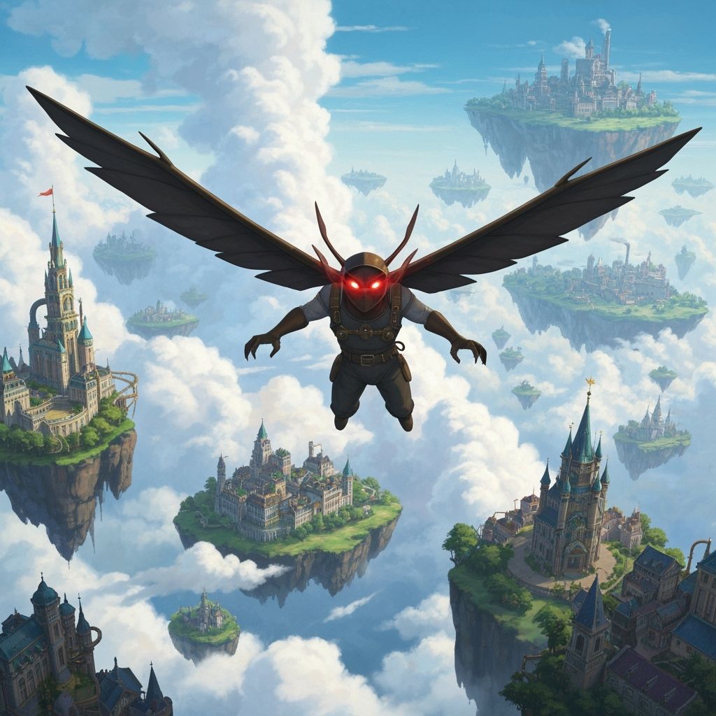 Steampunk Mothman Soaring Over Floating Cities