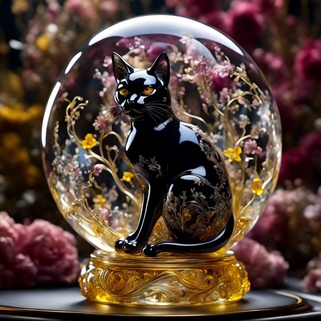 Glass Figurine of Black Cat in Globe, Art Nouveau
