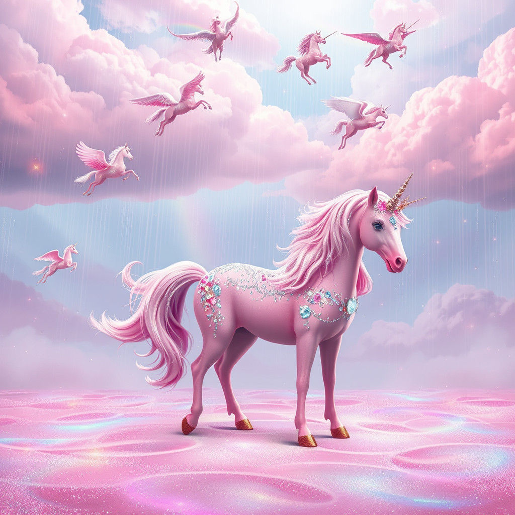 Pink Unicorns and Pegasus Soaring in Gemstone Sky