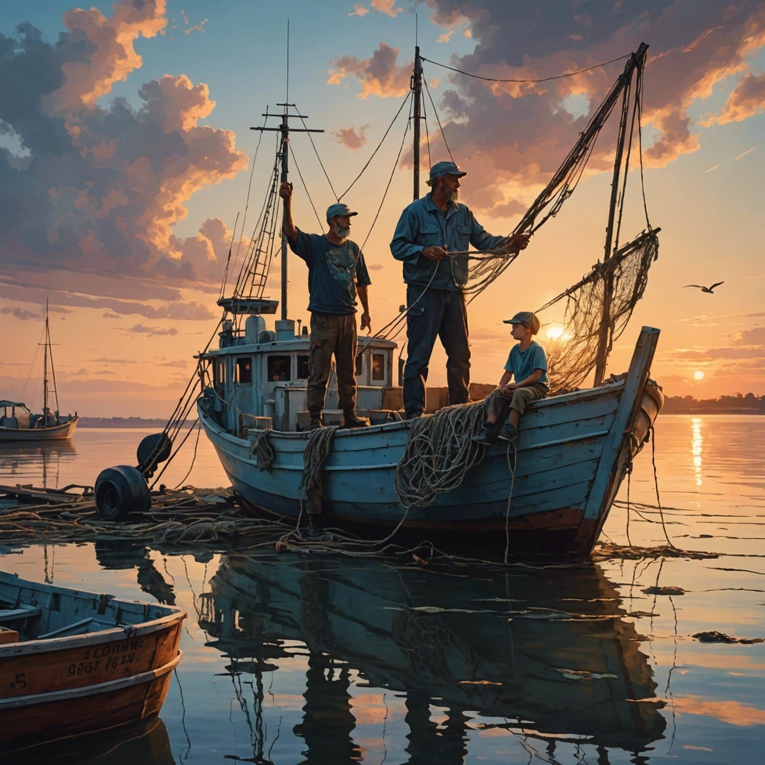 Shrimp Boat Captain Teaching Son, Impasto Art