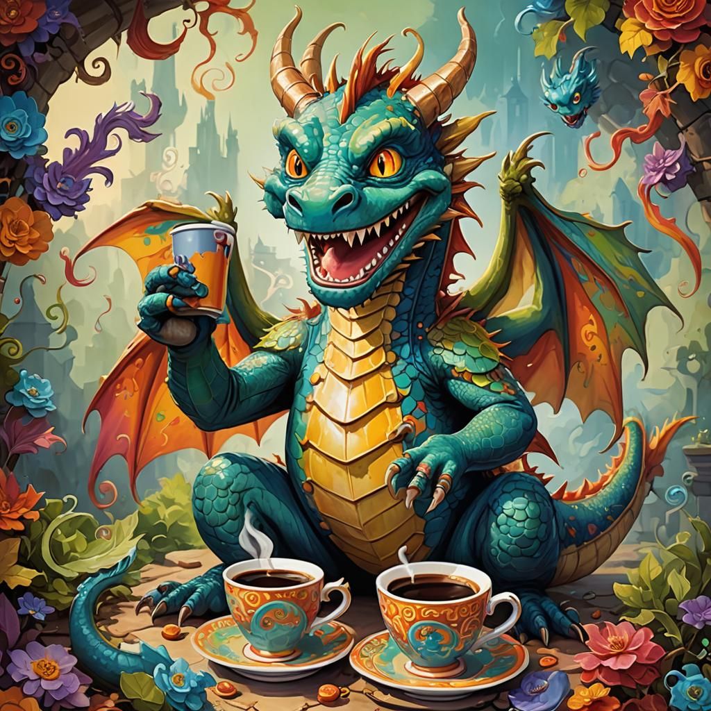 Animated Dragon with Coffee: A Playful Painting