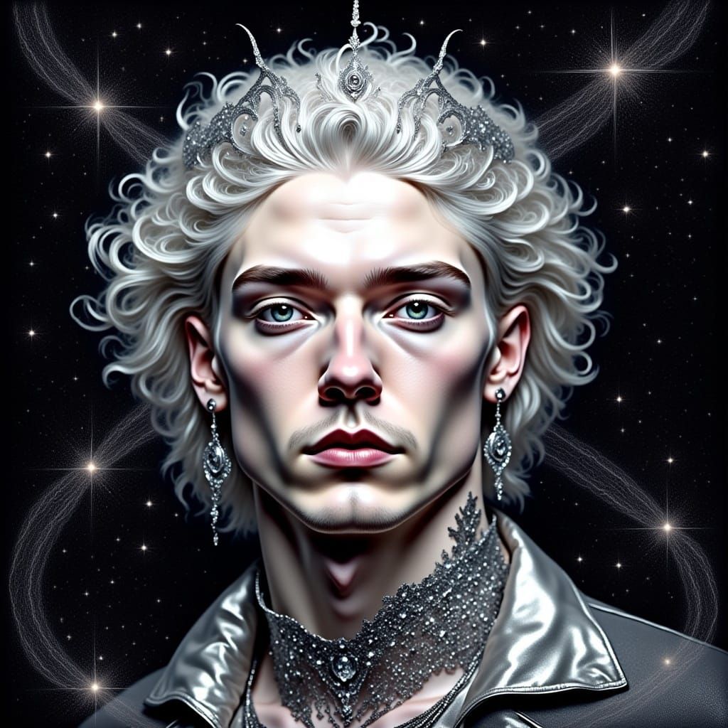 Portrait of a Man with Swirling Hair and Silver Tiara