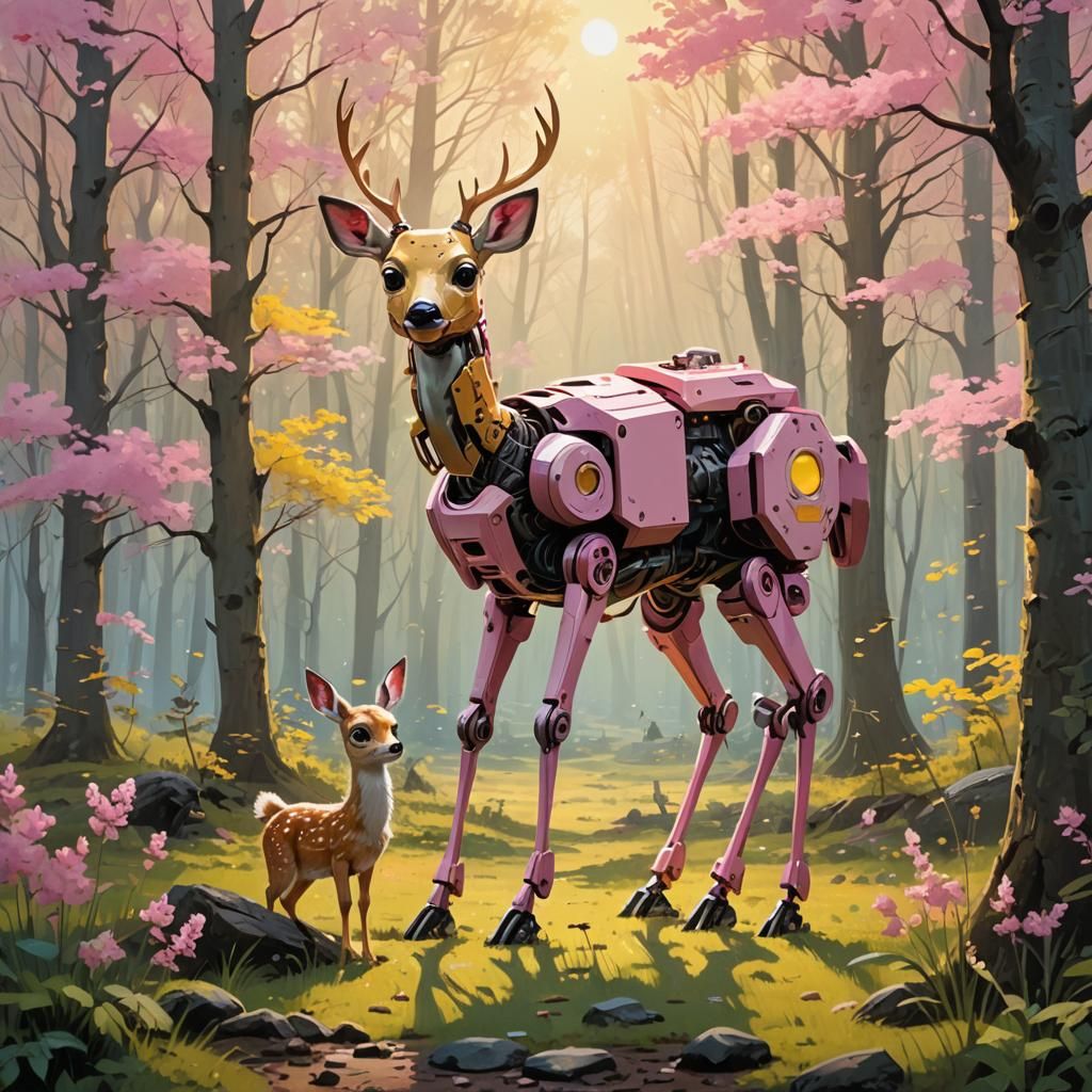 Robot Fawn Hunter in Springtime Woodland Scene