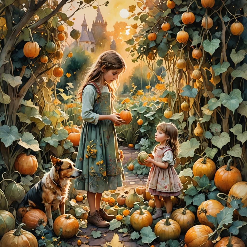 Girl and Dog in Whimsical Watercolor Garden