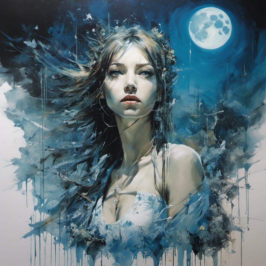 Girl in Moonlight: Mixed Media Surreal Portrait