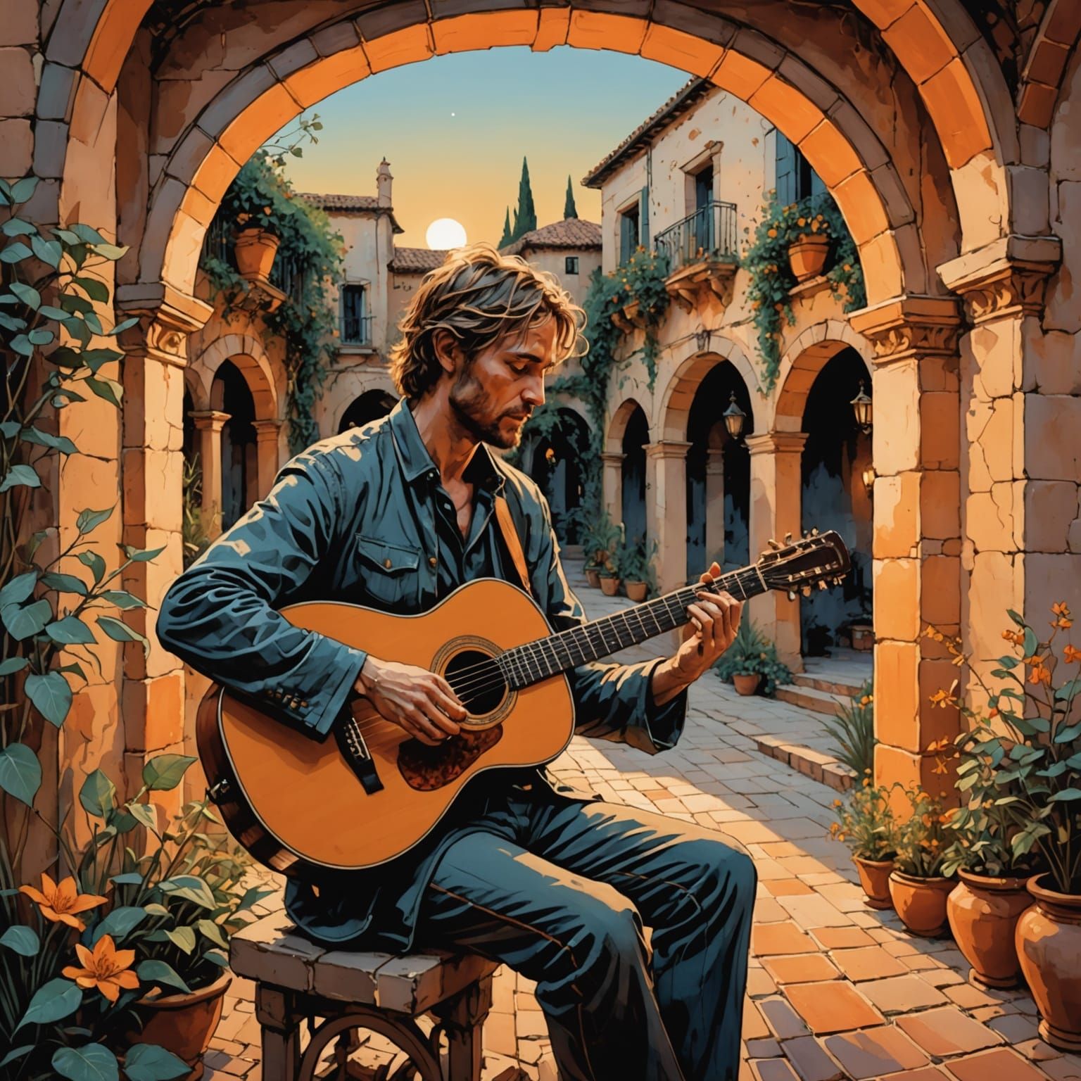 Spanish Courtyard Guitarist in Fantasy Art Style