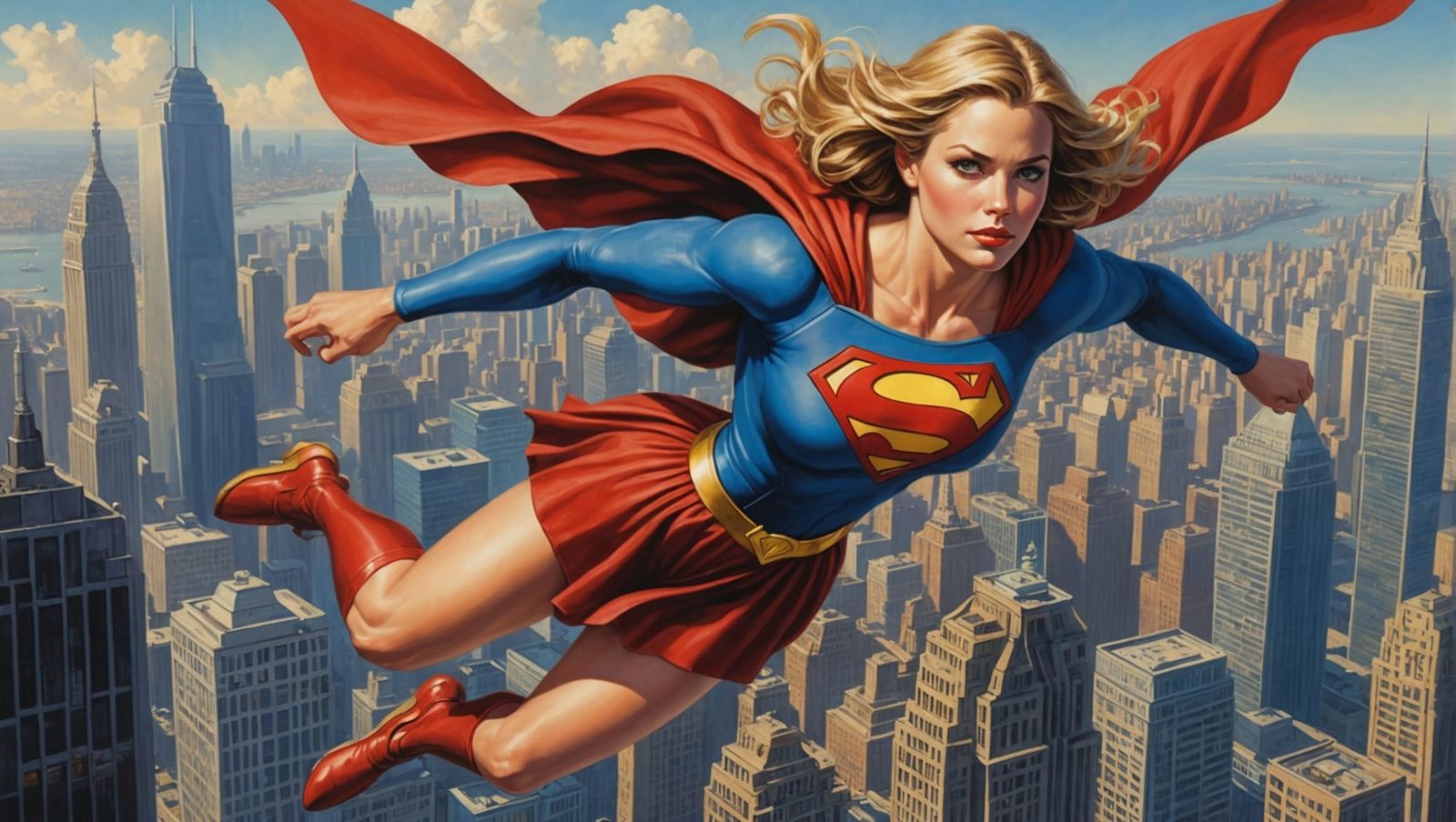 Supergirl Flies Above Metropolis: An Oil Painting