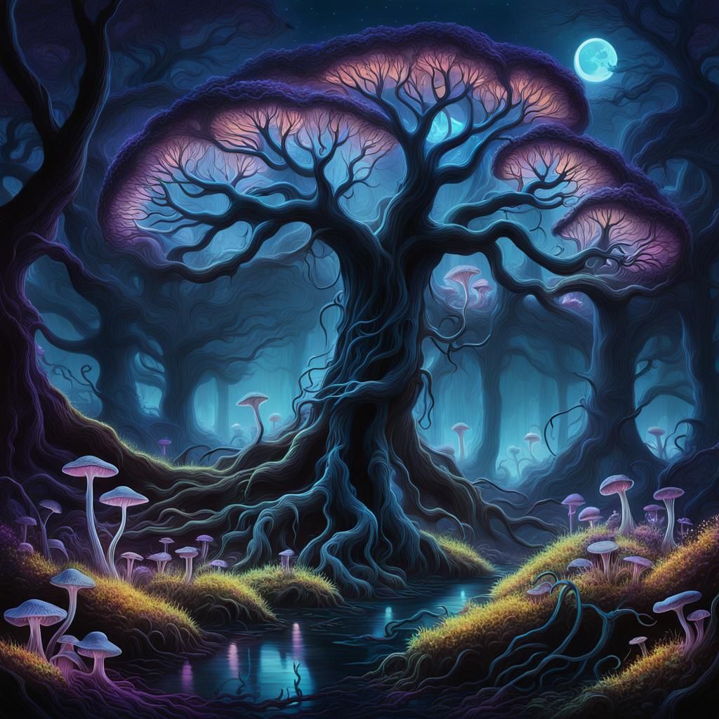 Bioluminescent Night Blooms in Surrealist Landscape