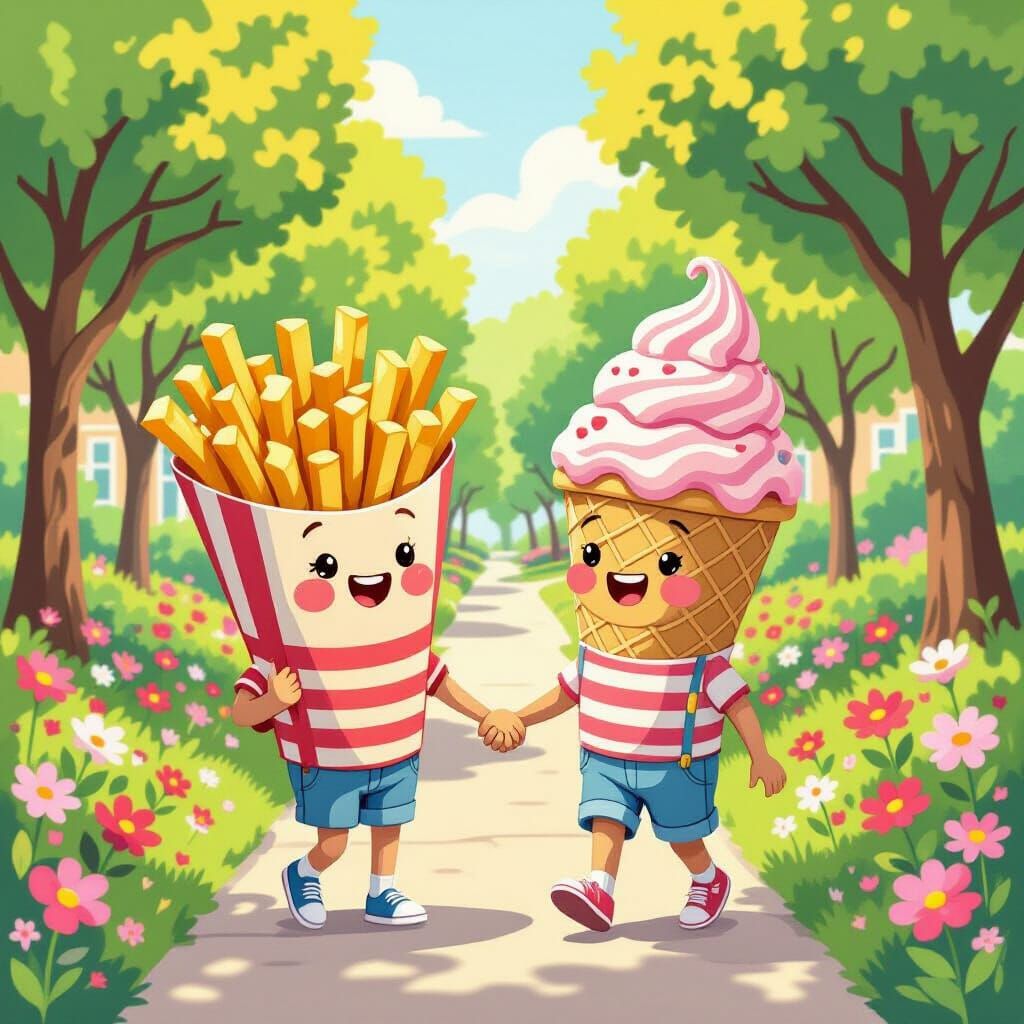 Whimsical Fries and Ice Cream Holding Hands in a Vibrant Par...