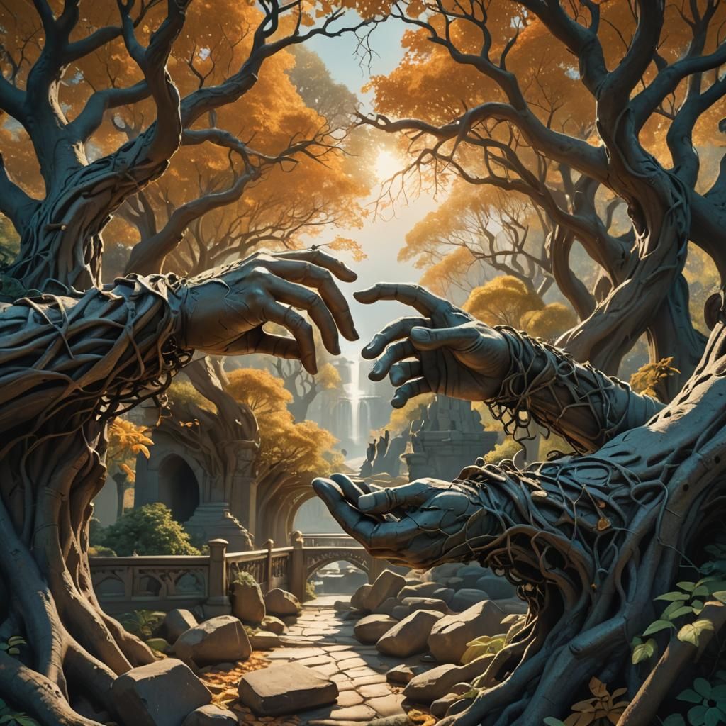 Statue Hands Bridge in Golden Light: Fantasy Concept Art