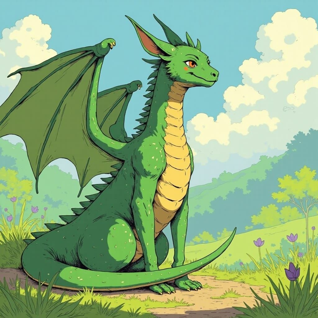 <lora:Alius:0.8> green dragon in a field