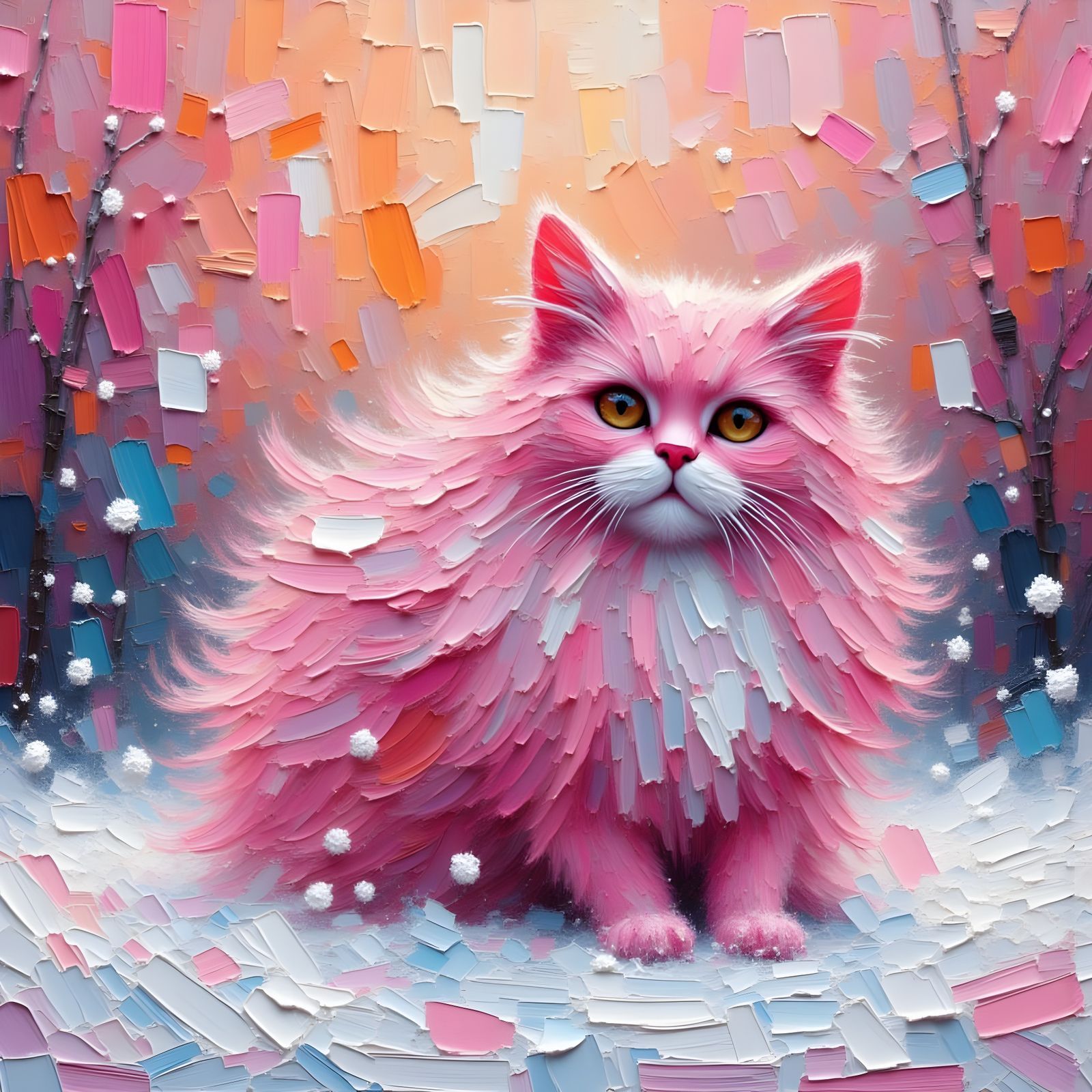 Pink Cat's Snowy Sunset Adventure: Impasto Style