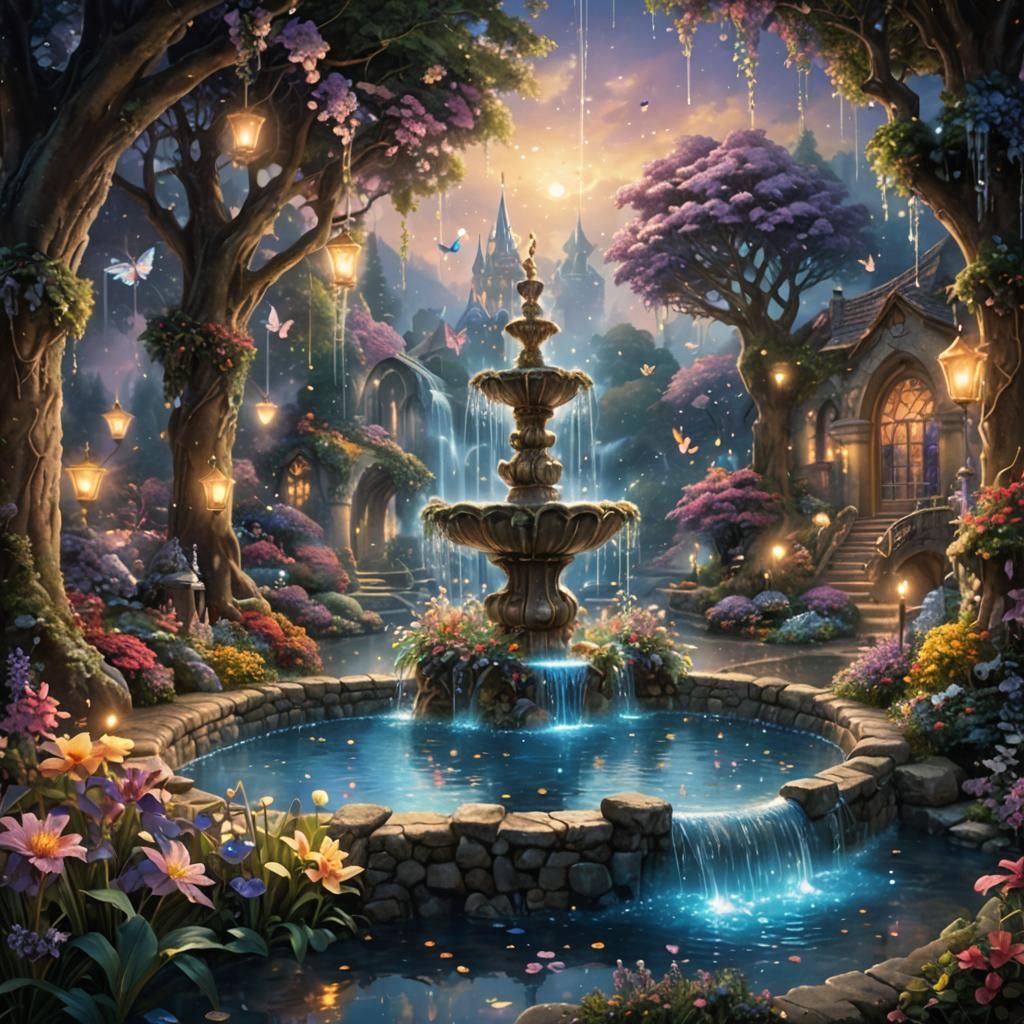 Fairies Dance Around Enchanted Fountain in Matte Painting