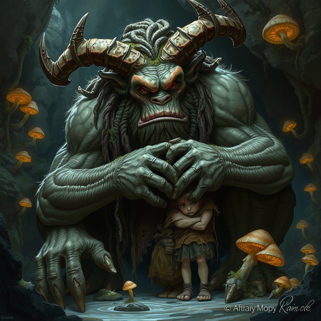 Gentle Cave Troll Comforts a Sad Girl