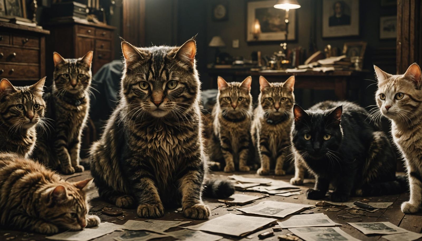 Hyperrealistic Cats and People in Dark Academia Style