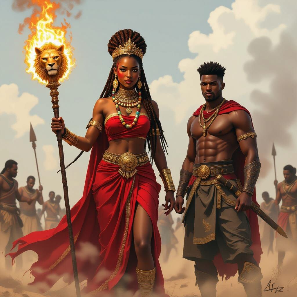 Fierce African Queen and Warrior in Afrofuturist Style