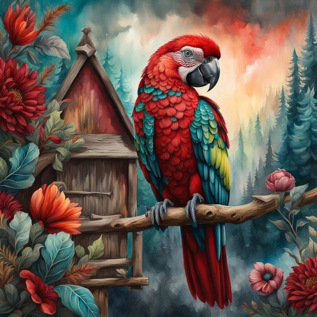 Vivid Watercolour Parrot in Wilderness Setting