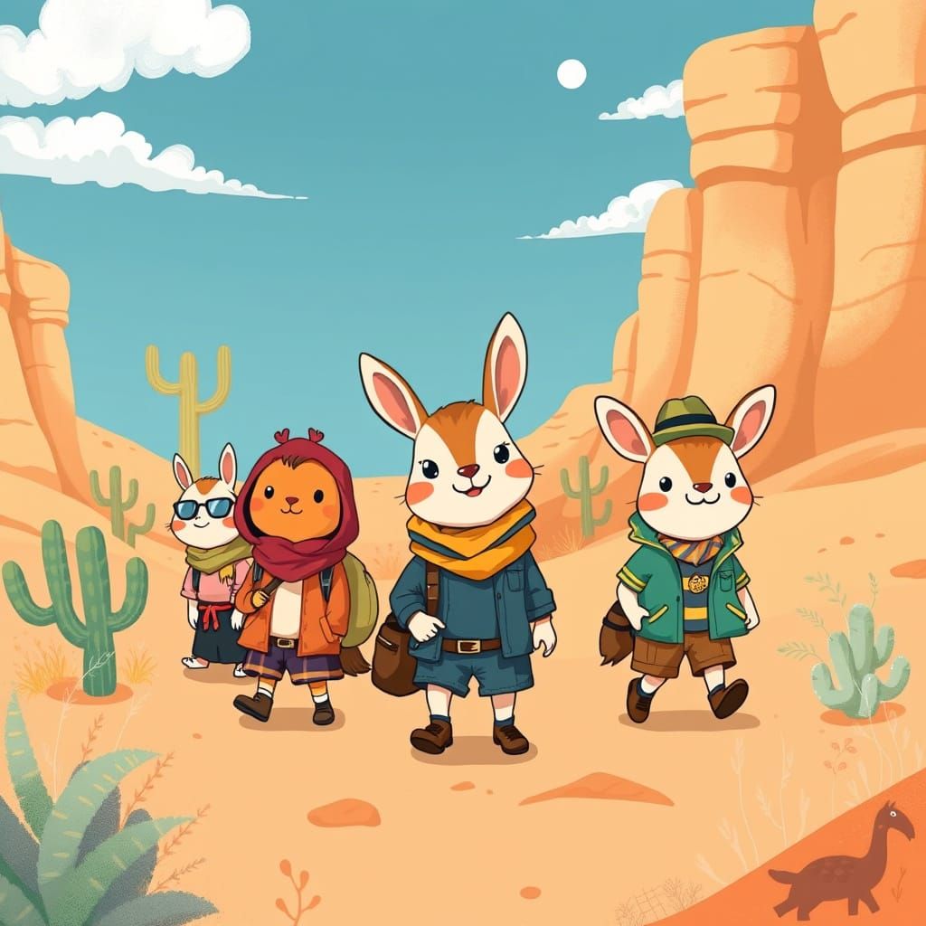 Adventurous Animals Explore Desert Landscape in Ghibli Style