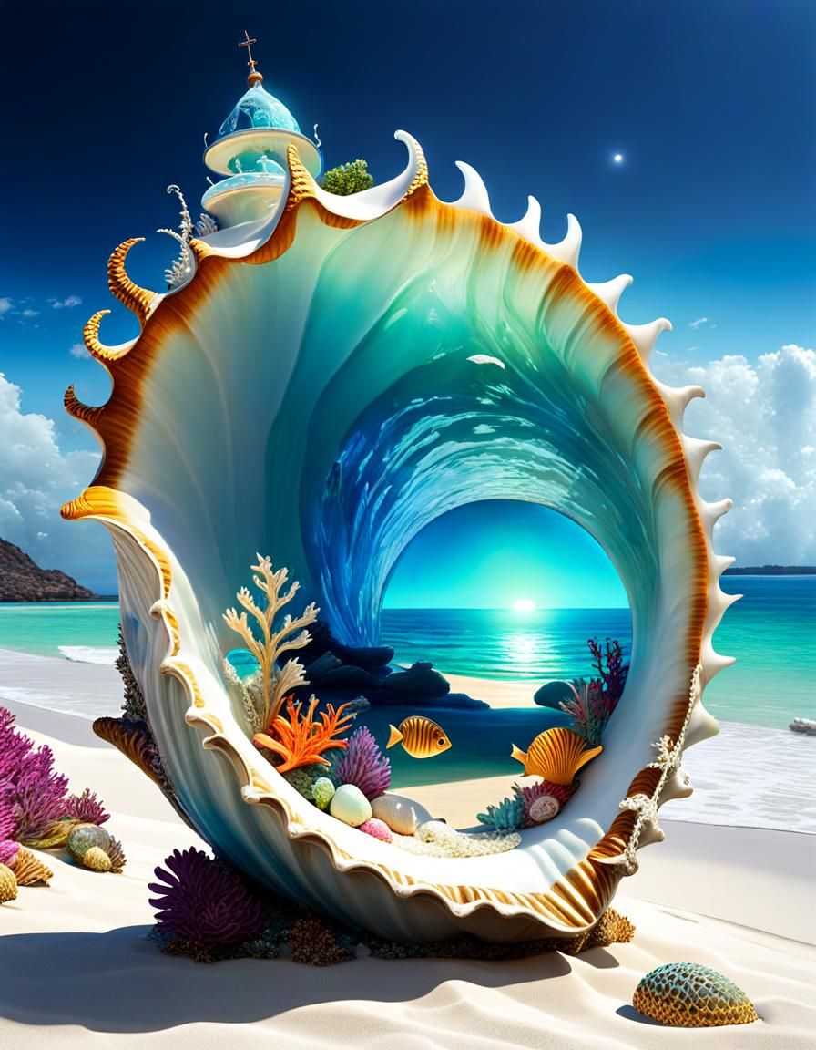 Electroluminescent Fairytale Beach in Conch Shell, 3D Render
