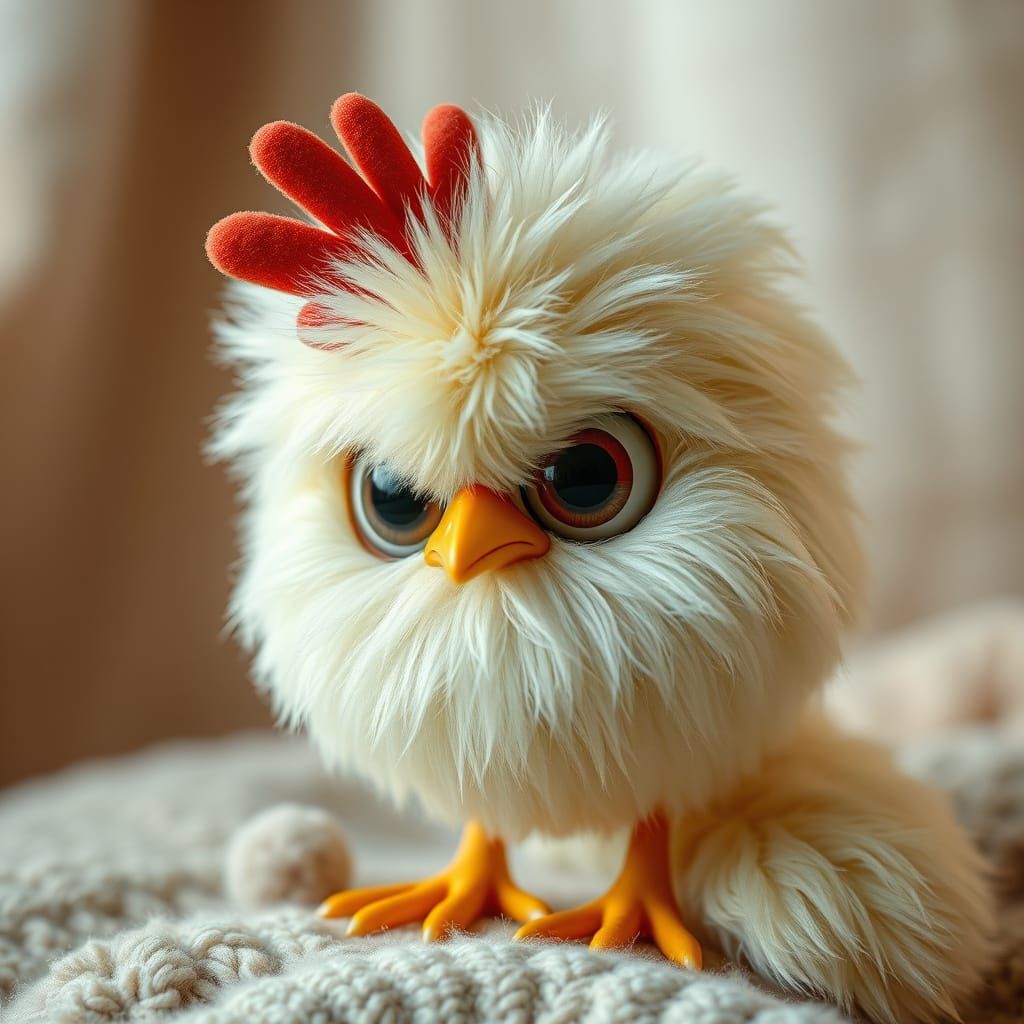 Fluffy Angry Chicken with Angora Cap in Kawaii Style