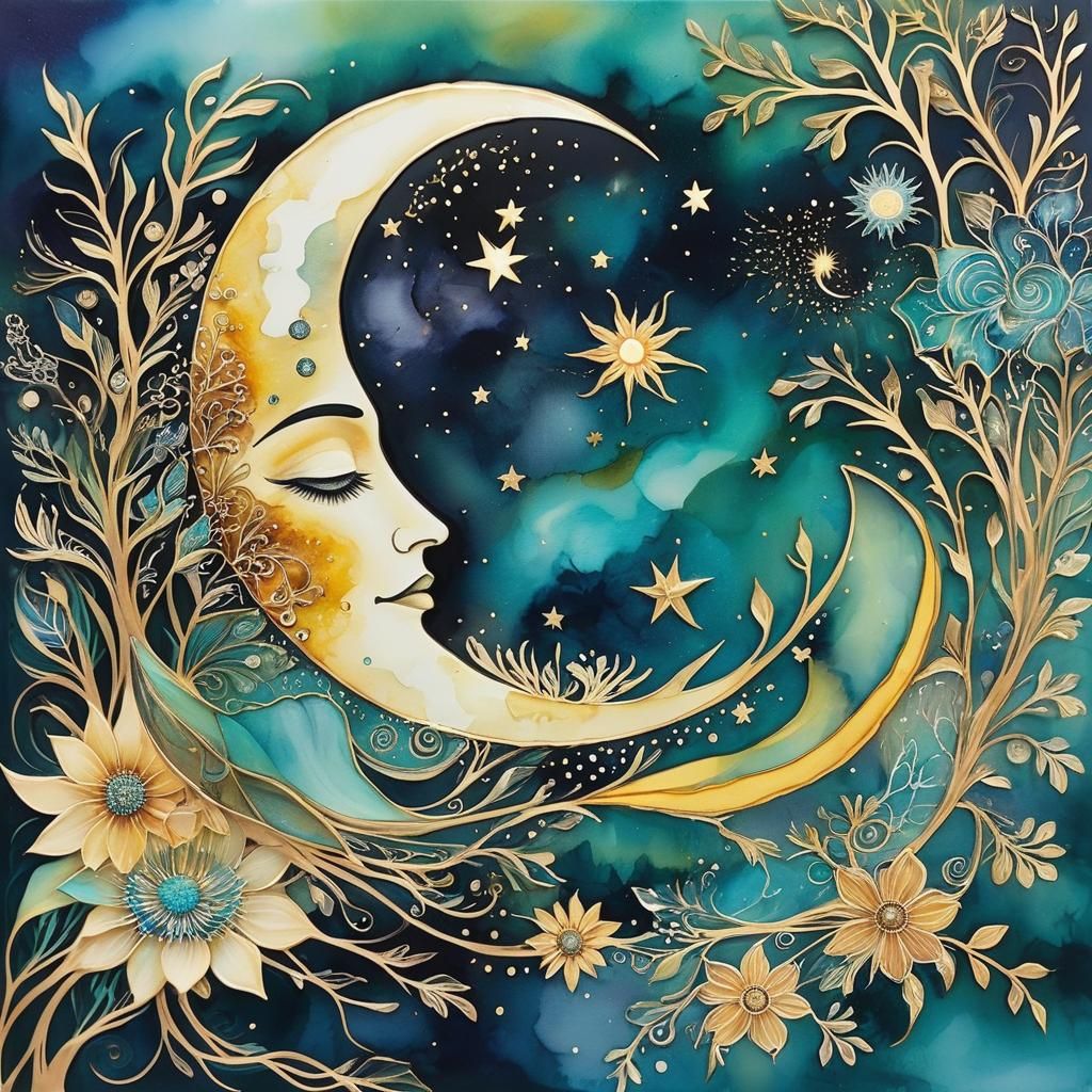 Intricate Alcohol Ink Sun and Moon Painting