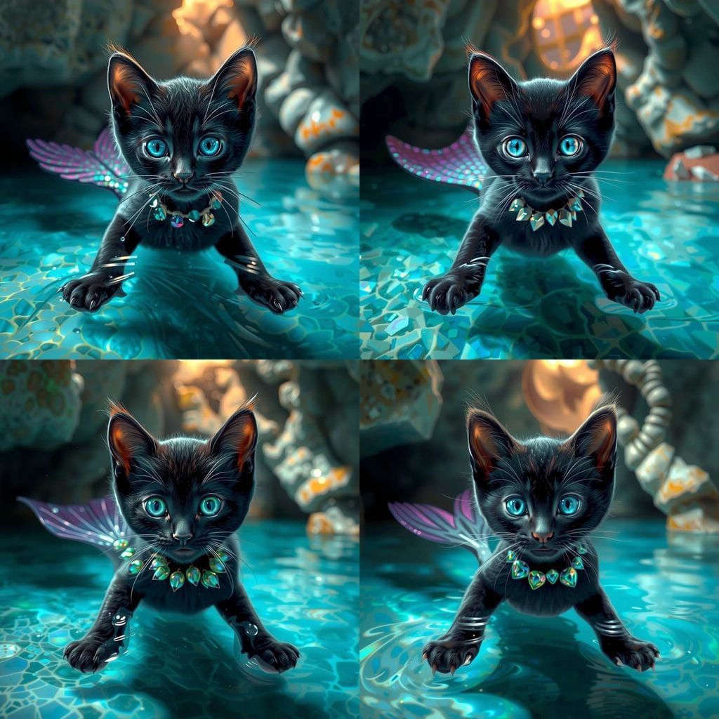 Surreal Mermaid Kitten Emerge from Iridescent Lagoon